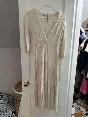Zara Cream Embroidered V-Neck Tiered Maxi Dress with 3/4 Sleeves
